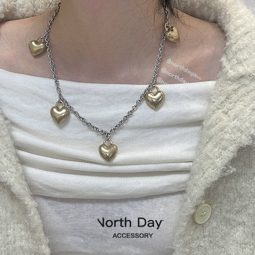 NorthDay自由意志 钛钢复古做旧爱心撞色金银色桃心项链设计师