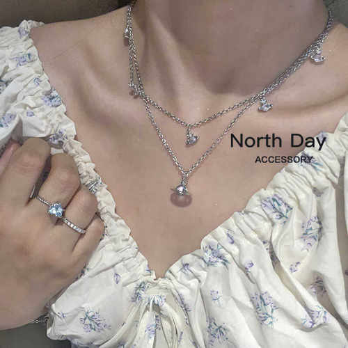 Northday自制实拍踩进云朵 土星小吊坠叠搭钛钢锆石锁骨链项链