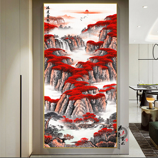 玄关挂画鸿运当头装饰画中式山水壁画楼梯走廊过道客厅晶瓷画竖版
