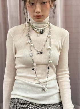 原创设计黑加仑叶贝壳珍珠项链套装叠戴多层黑白百搭choker女