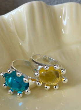 ins风时髦小众设计螃蟹造型发财开口戒指琉璃海胆手工戒指