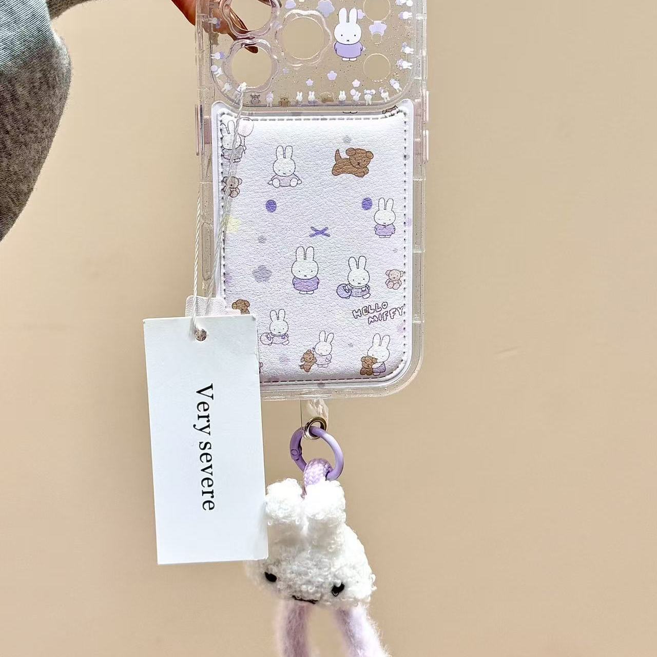 可爱紫底白兔子狗狗手拎绳适用苹果17promax手机壳iphone16新款15pro女款14pm全包保护壳