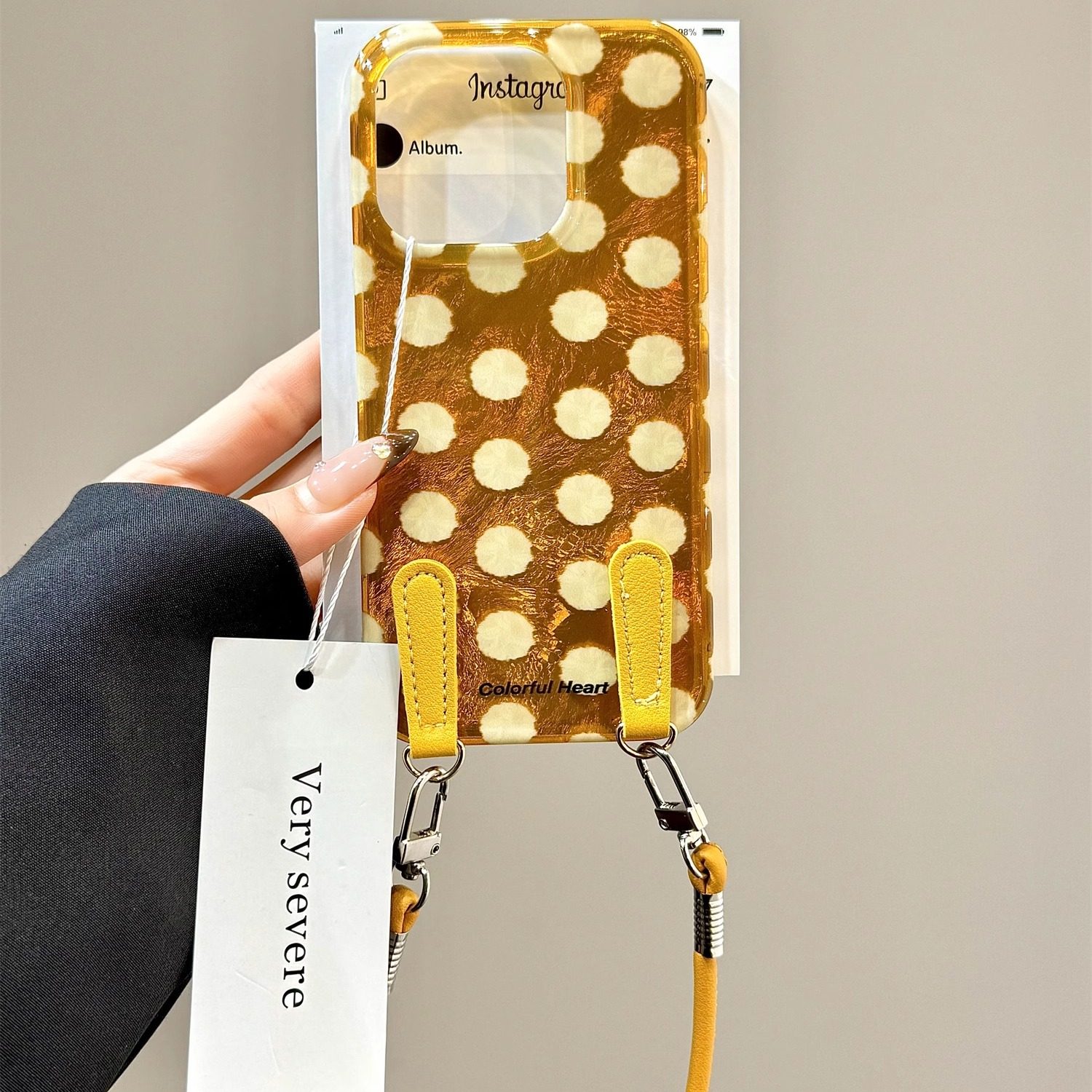 韩系简约波点手拎绳适用苹果16promax手机壳iphone15新款14pro女款13pm锡纸纹全包保护壳