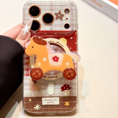 撞色格纹枫叶摇摇木马磁吸支架适用苹果17promax手机壳iphone16新款15pro女款14pm全包保护壳