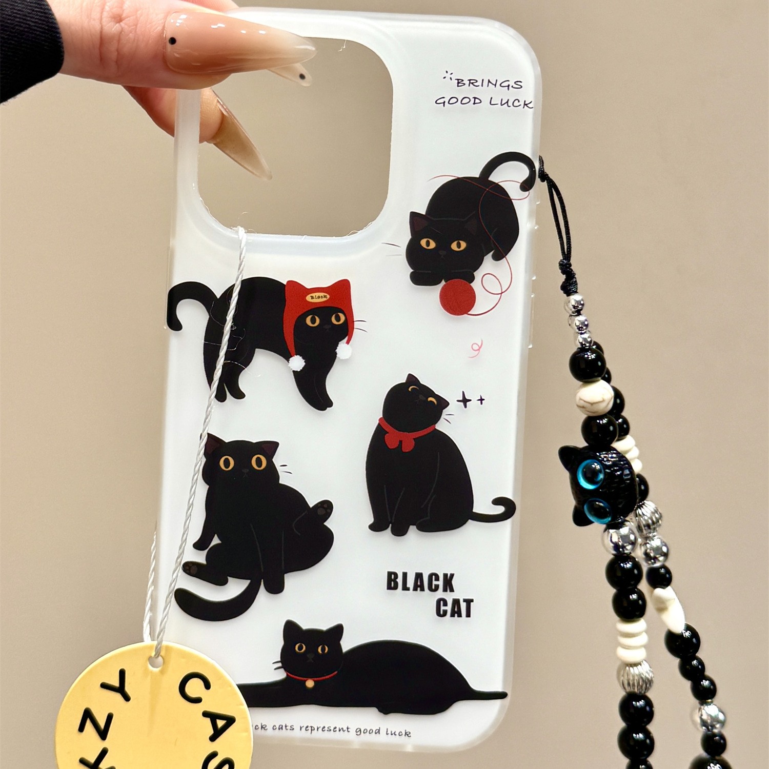 趣味可爱毛线球瞪眼黑色猫咪链条适用苹果16promax手机壳iphone15新款14pro女款13pm全包保护壳