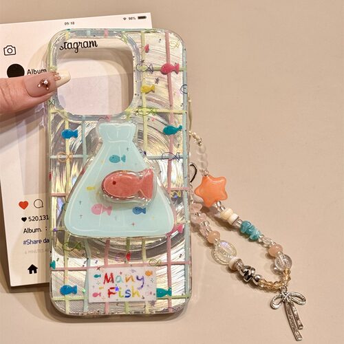 ins小众银底漩涡彩格金鱼支架链条适用苹果16promax手机壳iphone15新款14pro女款13pm全包保护壳