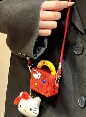 可爱红色KT猫包斜挎手绳适用于AirPods3保护套AirPods第四代苹果airpods1/2代pro无线蓝牙耳机套保护壳防摔软