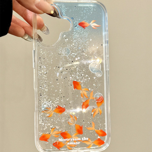 小清新可爱闪粉流沙气泡锦鲤适用苹果16promax手机壳iphone15新款14pro女款12创意13pm全包保护壳