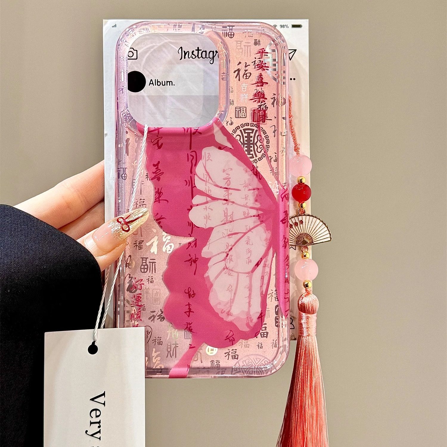 新中式国风百福图半边粉蝴蝶适用苹果16promax手机壳iphone15新款14pro女款13pm锡纸纹全包保护壳