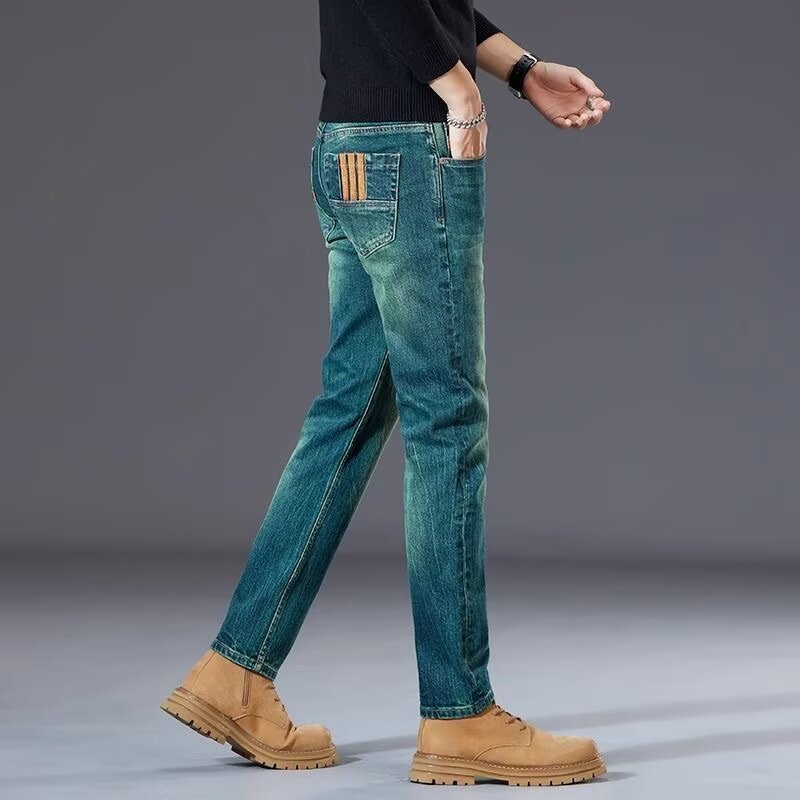 高端翡翠绿牛仔裤男士修身小脚2025春秋季新款百搭弹力潮流长裤子