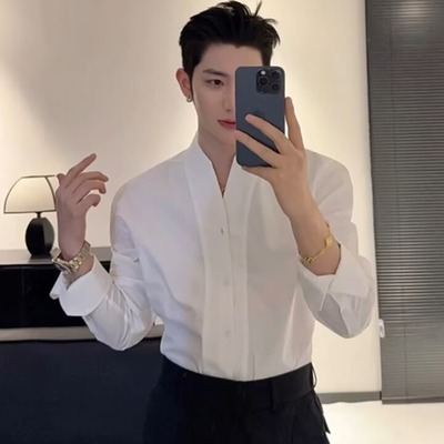 法式V领垫肩白色长袖衬衫男款高级感雅痞风西装内搭修身无领衬衣