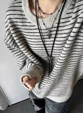 美式圆领横条纹针织衫男秋季宽松慵懒风少年感毛衣叠穿内搭打底衫