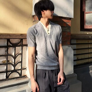 假两件衬衫领针织POLO衫短袖男款修身夏季高级感半袖打底衫老钱风