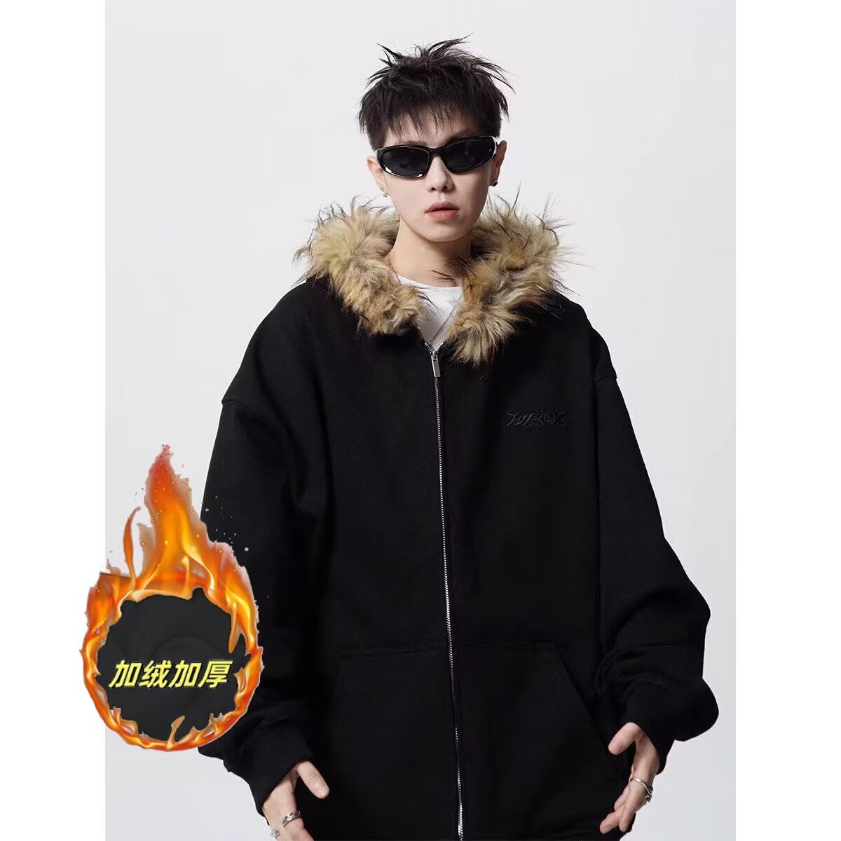 2025秋冬美式复古毛领刺绣加绒连帽开衫卫衣男女潮牌情侣上衣外套