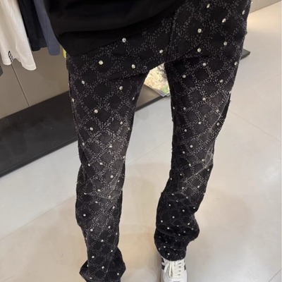 美式高街网红满天星柳钉微喇牛仔裤男女夏季新款潮牌高端直筒长裤