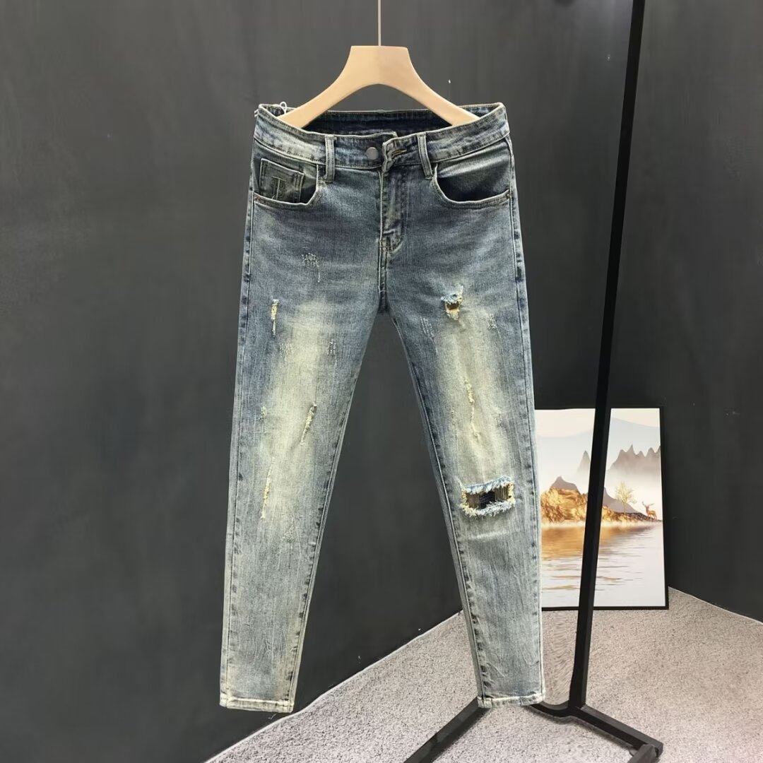 春夏季牛仔裤男士破洞小脚九分裤高端休闲修身显瘦微弹男裤子9分