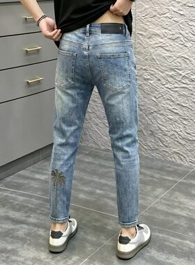欧货浅蓝椰树刺绣牛仔裤男夏季潮牌修身小脚九分裤弹力韩版休闲裤