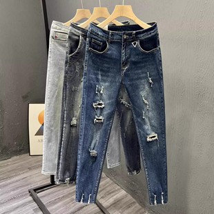 2025新款 乞丐裤 破洞弹力休闲牛仔裤 修身 春夏季 直筒小脚九分裤 男士