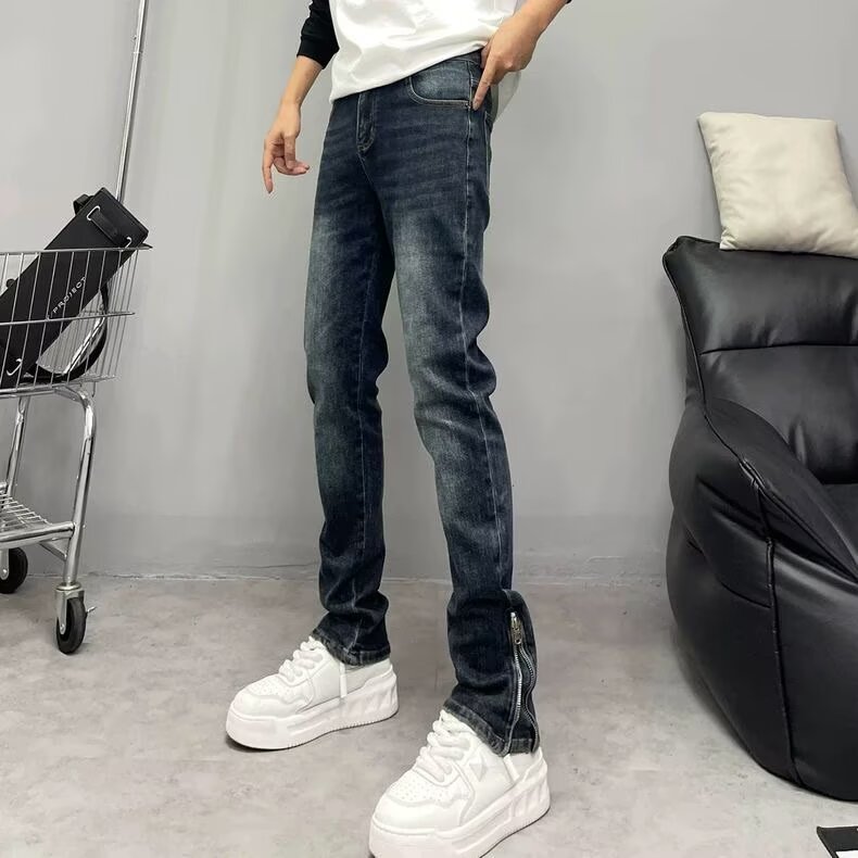 高端重工水洗深蓝色牛仔裤男修身小脚秋冬韩版脚口拉链微喇休闲裤