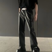 美式 男女高级感痞帅小众高街潮牌百搭阔腿 复古宽松直筒pu皮休闲裤