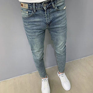 牛仔裤男士春夏季新品个性绣标简约百搭修身小脚韩版潮流九分裤子
