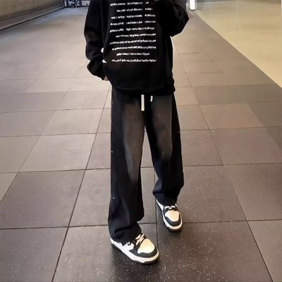 黑色渐变牛仔裤男款秋季美式复古抽绳阔腿裤子高街vibe直筒微喇裤