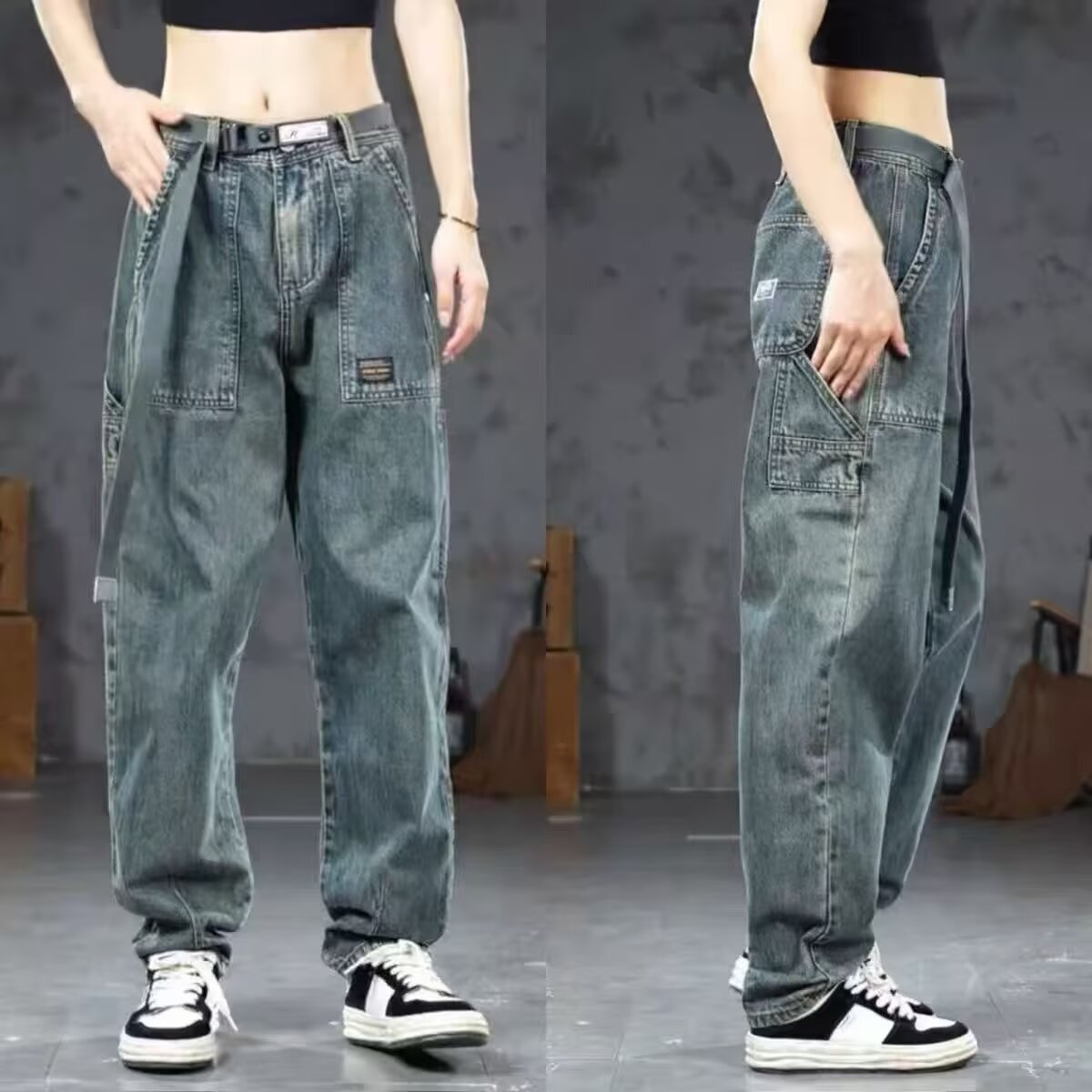 2025春秋季宽松牛仔裤百搭松紧腰直筒长裤男士潮流痞帅阔腿裤子