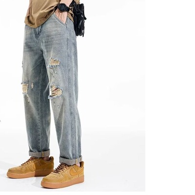 2025新款复古美式水洗破洞牛仔裤男宽松日系复古锥形大码哈伦裤潮