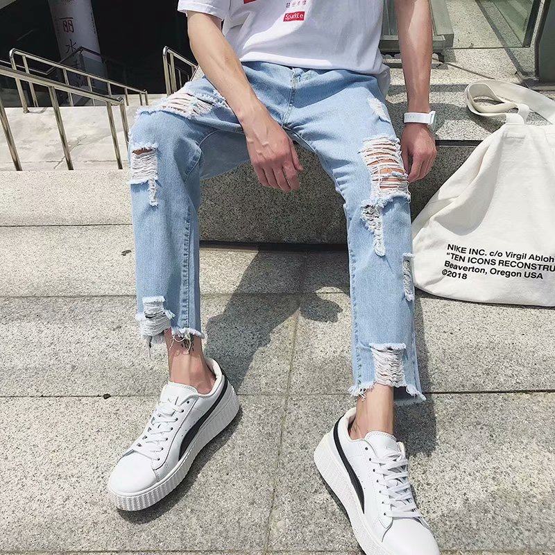 夏季破洞牛仔裤男九分毛边烂脚边裤子韩版潮流潮牌街头嘻哈乞丐裤
