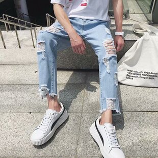 夏季破洞牛仔裤男九分毛边烂脚边裤子韩版潮流潮牌街头嘻哈乞丐裤