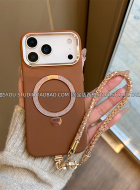 适用苹果17Promax手机壳iPhone16保护套15新款全包轻奢高颜值棕色皮质支点支架满钻手提链条防摔女生全包外壳