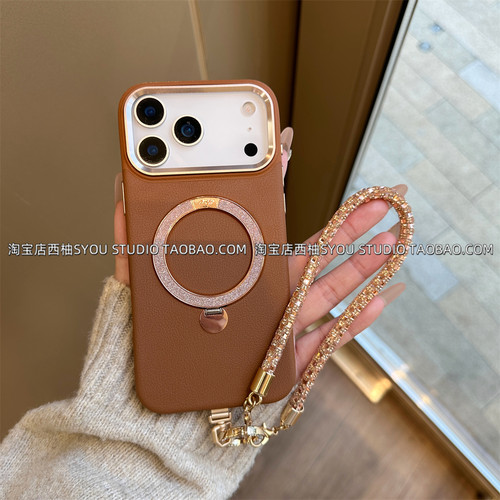 适用苹果17Promax手机壳iPhone16保护套15新款全包轻奢高颜值棕色皮质支点支架满钻手提链条防摔女生全包外壳