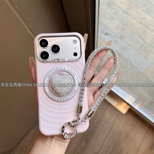 适用苹果17Promax手机壳iPhone16保护套新款镶钻镜头波漾液态硅胶磁吸壳轻奢高颜值满钻手提链条防摔女生全包