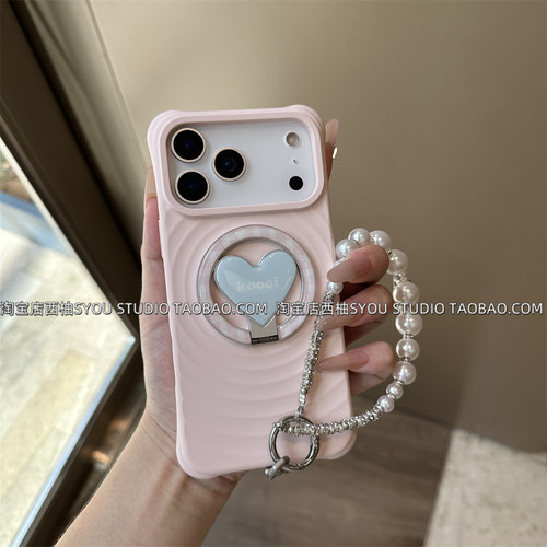 适用苹果17Promax手机壳iPhone16保护套15新款小众嫩粉波漾液态硅胶磁吸支架轻奢高级感皮质气质防摔外壳女款