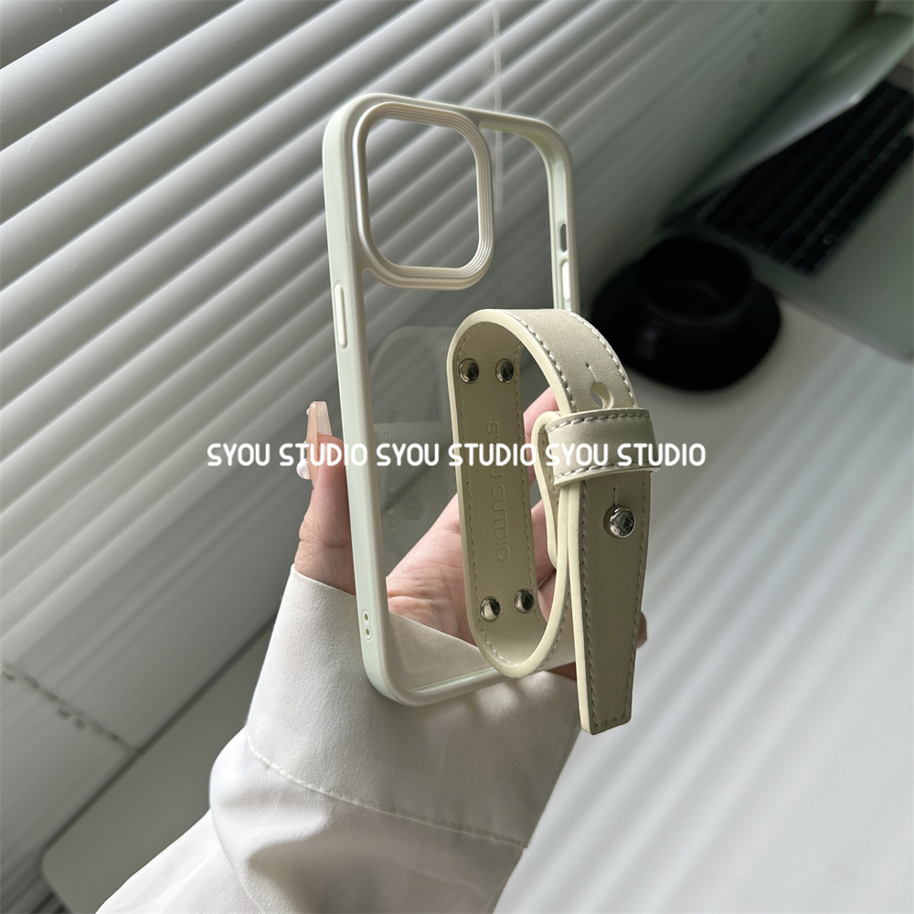 适用苹果15promax手机壳iPhone14/13/12新款原创高级感简约边框透明壳豆豆钉盐白手腕带简约女生款气质保护套