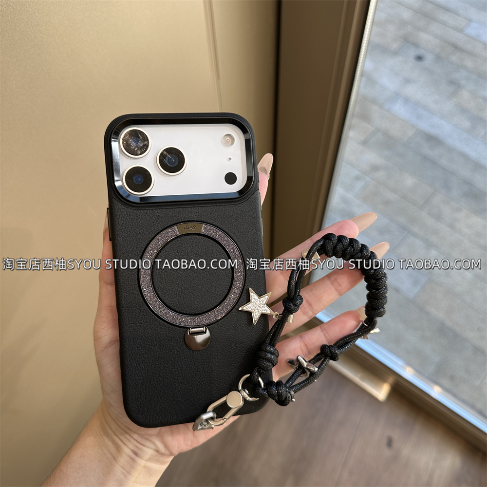 适用苹果17Promax手机壳iPhone16Pro保护套15新款全包轻奢点钻支架皮质硬壳气质星星元素手提绳女生防摔外壳
