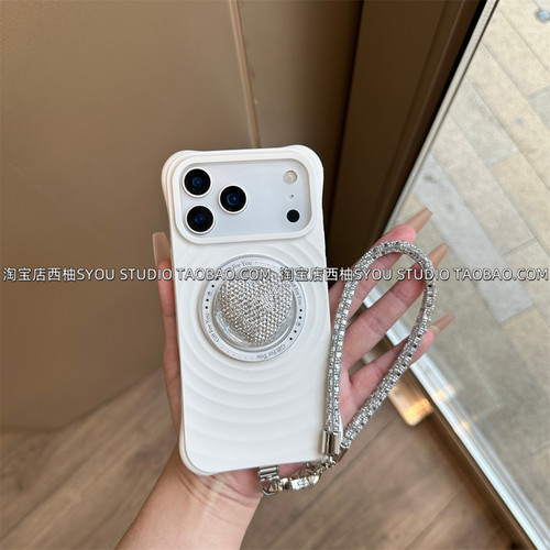 适用苹果17Promax手机壳iPhone16保护套15白色波漾液态硅胶满钻磁吸支架闪钻手提链小众设计高级感气质女款