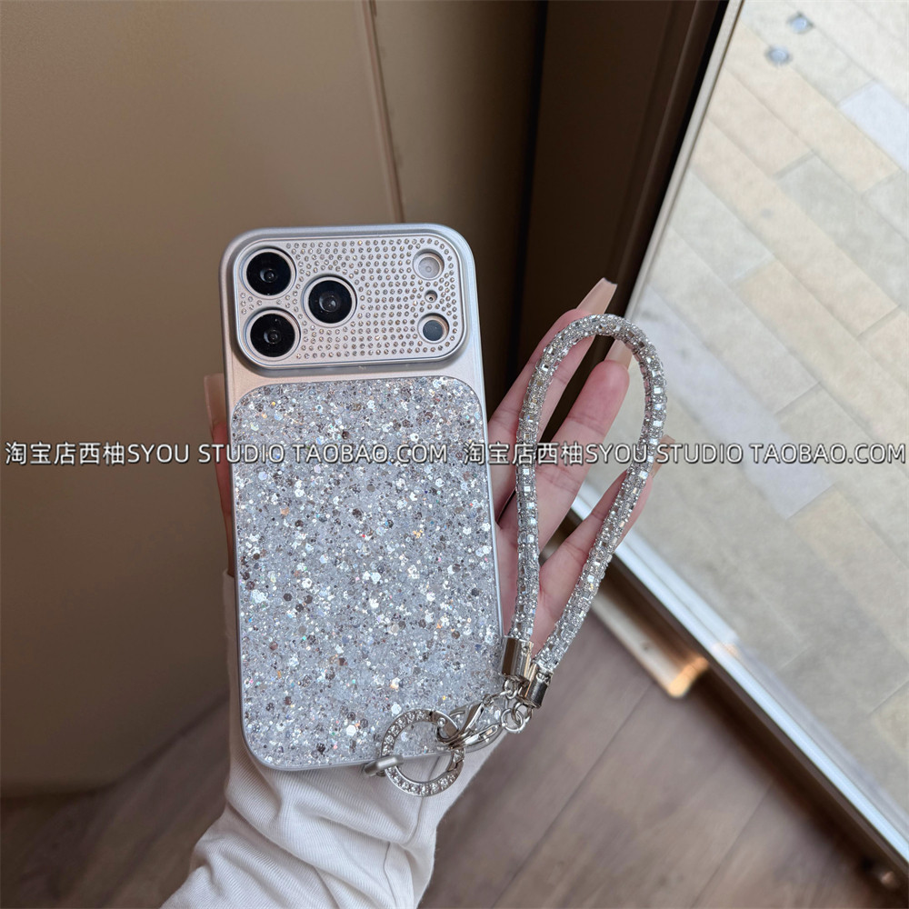 适用苹果17Promax手机壳iPhone16保护套15新款全包轻奢高颜值独特好看银色亮片气质满钻手提链条防摔女生全包