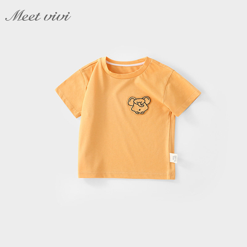 Meet vivi 2025夏季新款男童女童纯棉刺绣小象百搭T恤短袖