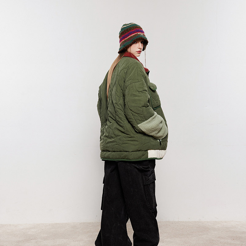 模特图MY135冬季绗线拼接羊羔绒棉服P175控228,男装棉衣,新杭派391(FUSEEHO 391)
