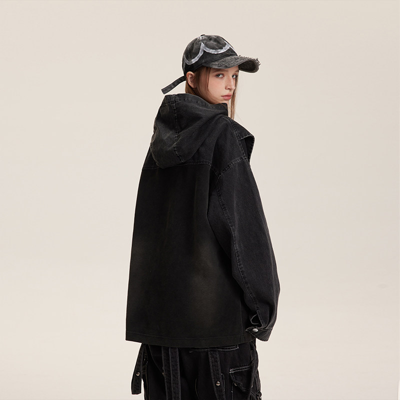 模特图W420春季牛仔拼接连帽卫衣P130控175,男装卫衣,新杭派391(FUSEEHO 391)