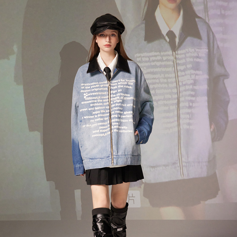 模特图 W395 春季牛仔字母水洗渐变夹克 P150 控198图片