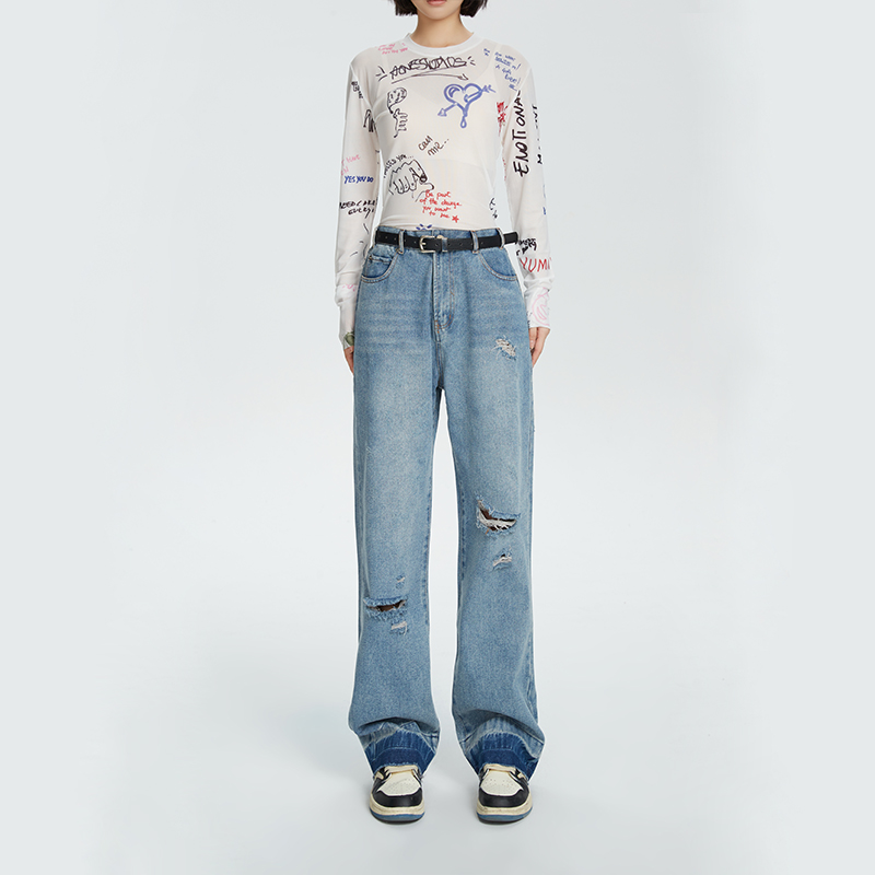 腿模图K361秋季水洗做旧磨破补丁牛仔长裤P100控价138，女装牛仔裤，新杭派391