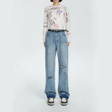 腿模图K361秋季水洗做旧磨破补丁牛仔长裤P100控价138，女装牛仔裤，新杭派391