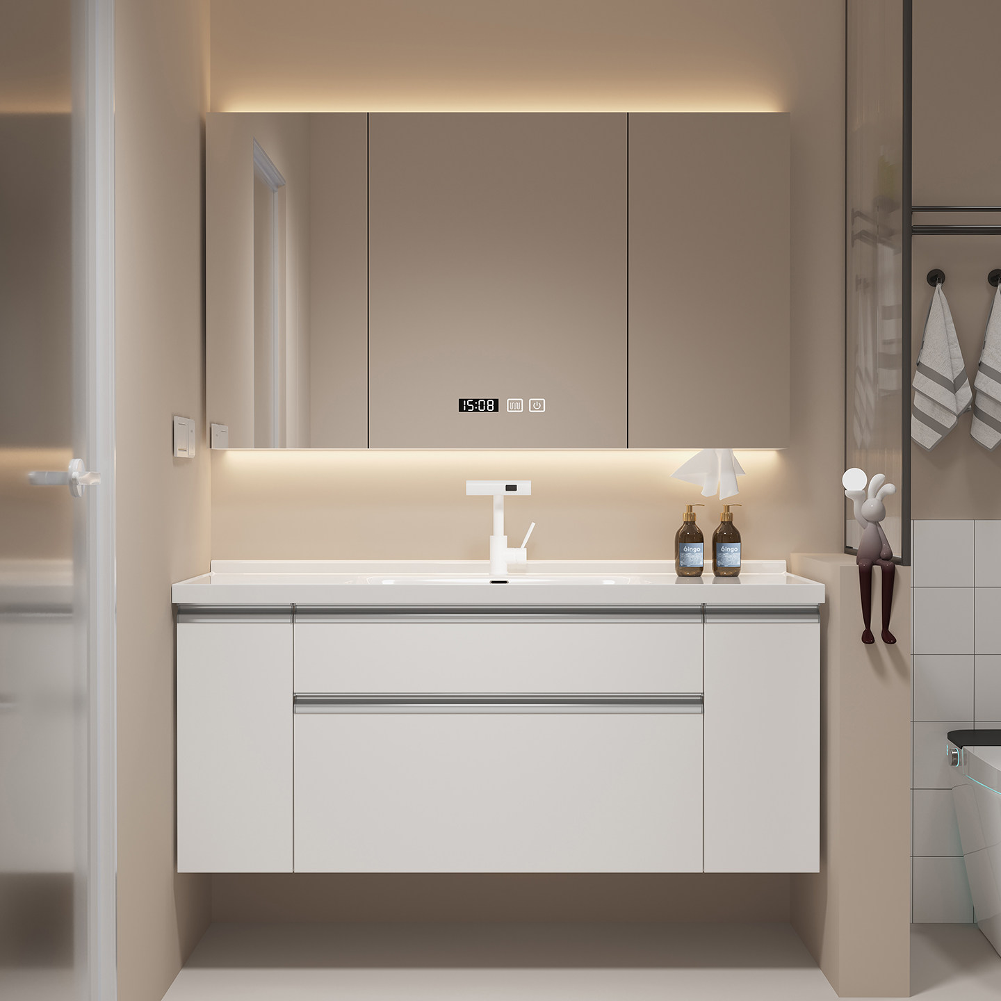 日式奶油风大收纳浴室柜组合抽屉拉篮洗漱手脸台陶瓷一体盆卫浴柜