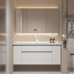 日式奶油风大收纳浴室柜组合抽屉拉篮洗漱手脸台陶瓷一体盆卫浴柜