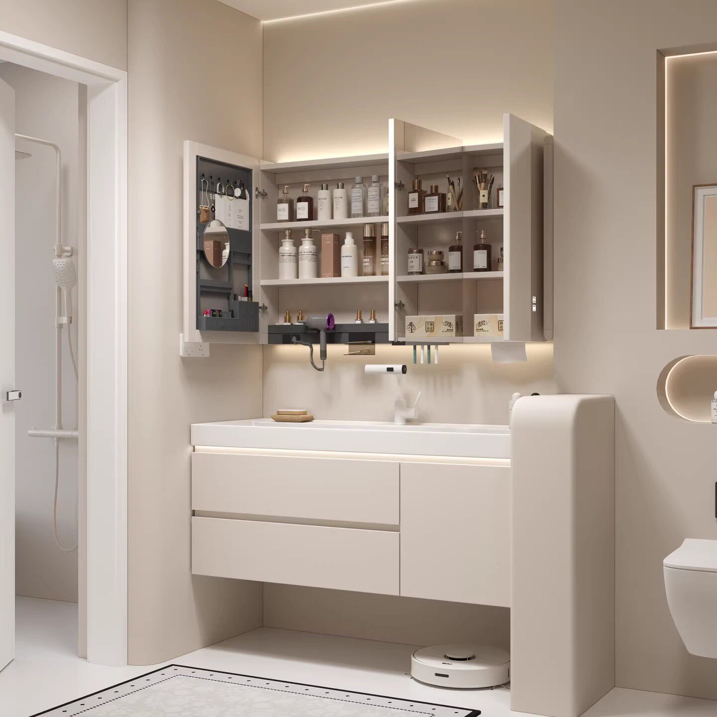 新款海洋盆浴室柜鎏金石一体盆洗漱台奶油风卫生间洗脸洗手池组合