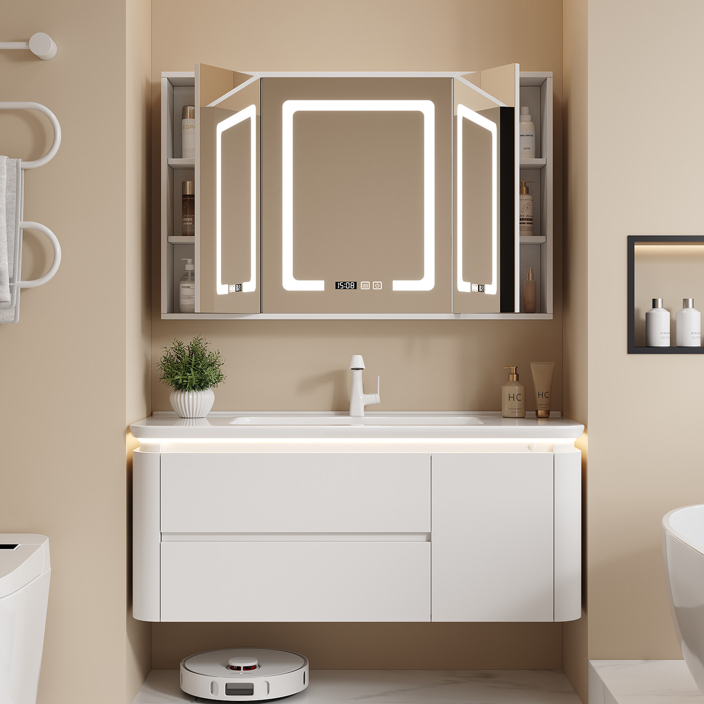 风水镜隐藏式折叠镜柜奶油风浴室卫生间洗脸盆智能内藏镜柜洗漱台,家装主材,浴室柜组合,淘宝优惠券,粉丝福利购,淘宝优惠卷