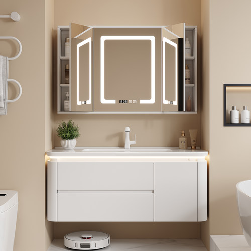 风水镜隐藏式折叠镜柜奶油风浴室卫生间洗脸盆智能内藏镜柜洗漱台