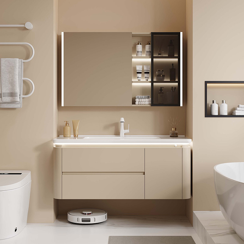 新款奶油风浴室柜陶瓷一体盆卫生间洗脸盆洗手盆柜组合洗漱洗手台